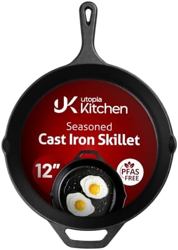 Utopia Kitchen Cast Iron Skillet 12 Inch Pre-Seasoned PFAS-Free Black | Chef Pan, Even Heat Distribution, Stovetop, Oven, Campfire and Grill Safe, Large Skillet, Indoor Outdoor Use
