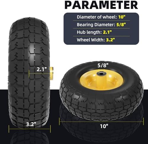 【UPGRADED】4.10/3.50-4 Tire and Wheel Flat Free, 10 Inch Solid Rubber Tire with 5/8”Axle Bore Hole and Double Sealed Bearings