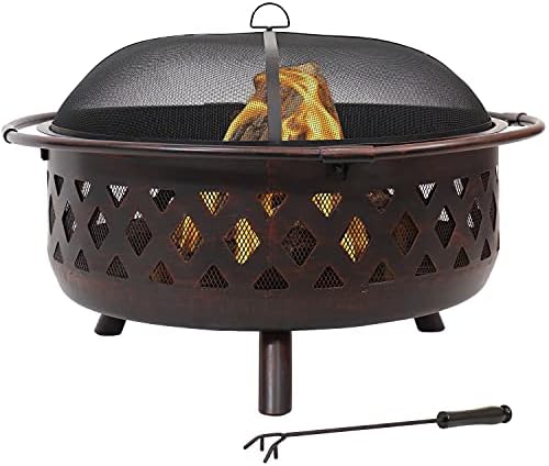 Sunnydaze Crossweave Large Outdoor Fire Pit, Wood Burning, Round, 36" | Black, Heavy Duty Steel Metal, Patio Fire Pit with Spark Screen, Poker, & Cover, Wood Firepit for Outside, Backyard, or Deck