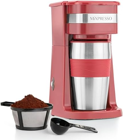 Mixpresso Single Serve & Single Cup Coffee Maker with 14oz Travel Mug Black | For ground coffee only, reusable filter, auto shut off. Compact personal drip coffee maker, not compatible with K-Cup pods.