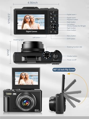 Digital Camera for Photography, 4K Vlogging Camera for YouTube 3" 180° Flip Screen 18X Digital Zoom Compact Retro Cameras with 32GB TF Card & 2 Batteries, Black