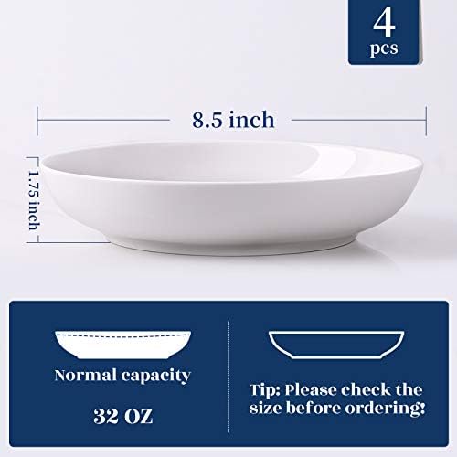 Y YHY 9.75" Large Pasta Bowls, 50 Ounces Big Salad Bowls, Ceramic Serving Bowl Set of 4, Wide and Shallow Bowls Set, Microwave and Dishwasher Safe, White