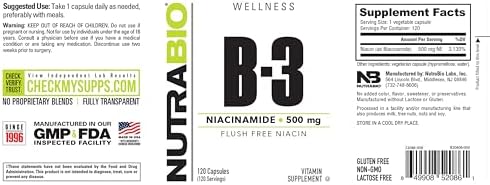 NutraBio Niacinamide Supplement for Normalized Blood Lipids, Better LDL & HDL Levels, Flush Free Vitamin B3, 500mg - 120 Vegetable Capsules