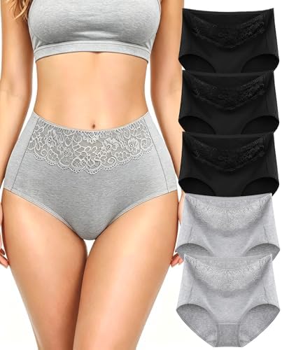 MISSWHO Women's High Waisted Cotton Underwear Soft Breathable Full Coverage Stretch Briefs Ladies Panties 5-Pack