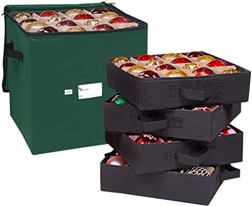Christmas Ornament Storage Box, 4 Individual Trays Xmas Storage Container, Fits 64 Ornaments Decoration Balls, Constructed of Durable Polyester Material (Red)