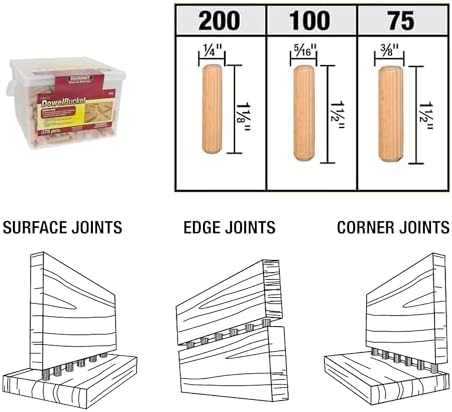 Milescraft 5346 Wooden Dowel Bucket - 375 pcs Total - 1/4”, 5/16” & 3/8”