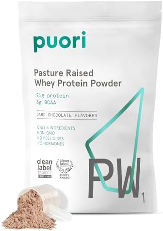 Puori PW1, Grass Fed Whey Protein Powder, Dark Chocolate, 30 Servings | Pasture-Raised Whey Protein Powder Drink Mix containing BCAA Amino Acids - Post-Workout Supplement for Muscle Gain & Recovery