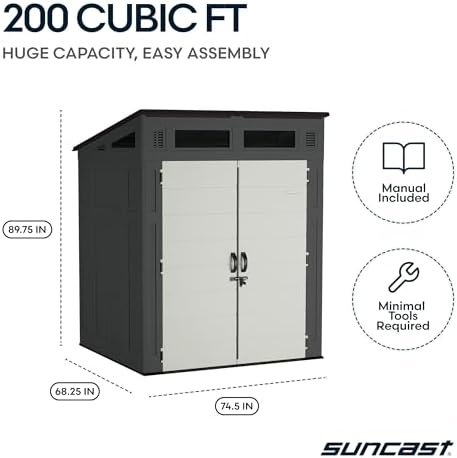 Suncast 6' x 5' Modernist Storage Shed, 200 Cu Ft, Lockable, Peppercorn
