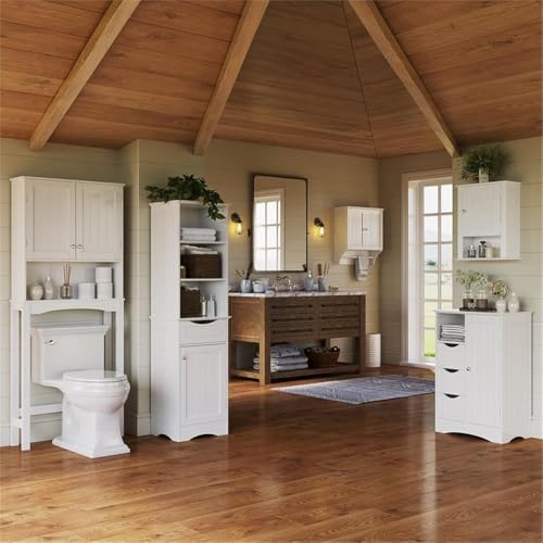 RiverRidge, White Ashland Bathroom Freestanding Storage Cabinet with Three Open Shelves and Drawer