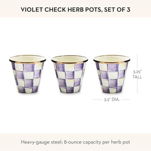 MACKENZIE-CHILDS Enamel Herb Pot Set, Small, Black-and-White Courtly Check | Hand-painted design, small plant pots for herbs or flowers, 8-ounce capacity per pot, set of 3