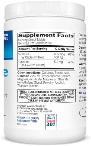 21st Century Calcium Citrate Plus D3 Maximum - 630 mg Calcium, Bone Health Support, Easily Absorbable, Gluten Free, Non-GMO, Compare to Citracal +D3, 400 Tablets