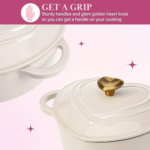 Paris Hilton Enameled Cast Iron Dutch Oven Pot with Lid, Heart-Shaped Dutch Oven, Durable Cast Iron Pot with Dual Handles, Oven Safe to 500°F, Works on All Stovetops, 2-Quart, Cream