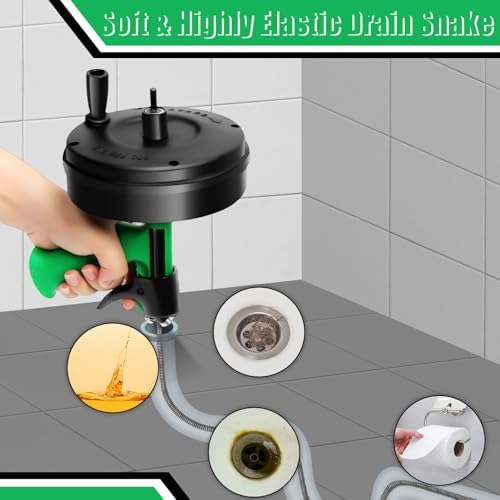 50 Ft Drain Snake, Fast Unclog Snake, 1/4 Inch, Green | Manual & Electric Plumbing Snaker for Shower Sink, Toilet and Kitchen