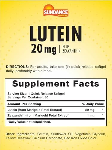 Sundance Lutein 20mg | 30 Softgels | with Zeaxanthin | Non-GMO and Gluten Free Supplement | Non-GMO and Gluten Free Supplement