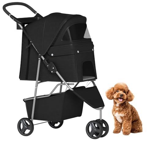 BestPet | 3-Wheel Pet Stroller | Dog and Cat Stroller | Breathable Mesh | Lightweight Travel Carrier | Waterproof & Foldable Design | Storage Basket | Black | for Daily Walks & Outdoor Use | Breathable Mesh | Lightweight, Waterproof Travel Carrier with C…