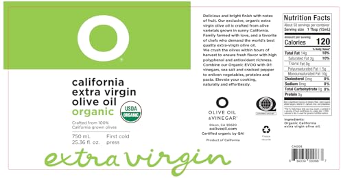 O Olive California Organic Extra Virgin Olive Oil Glass Bottle 8.5 Fl Oz