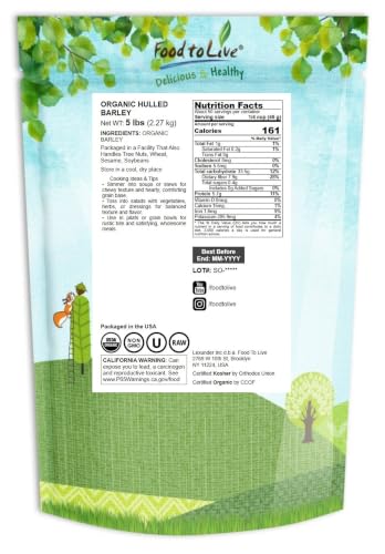 Food to Live Organic Hulled Barley, 15 Pounds – Non-GMO, 100% Whole Grain, Kosher, Vegan, Bulk. Suited for Home Brewing, Grinding. High in Fiber. Great for Chili, Hot Cereal, Salads, Soup.