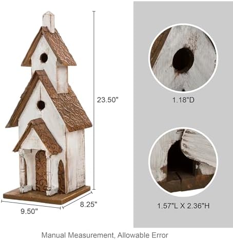 Glitzhome Rustic Hand Painted Wooden Church Birdhouse, Extra-Large 23.62" H Hanging Bluebird Houses for Outside
