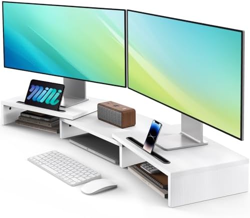 AMERIERGO Dual Monitor Stand Riser- 3 Shelf Screen Stand with Adjustable Length and Angle, 2 Extra Functional Slot Desktop Organizer Stand for PC