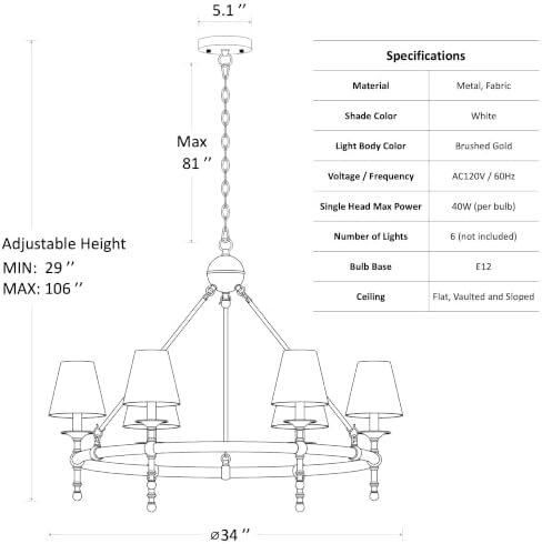 Klgxnrd 6-Light Brushed Gold Wagon Wheel Chandelier with White Fabric Shade | Diameter 34", 5-Layer Electroplated Metal, Height Adjustable 29" To 106"