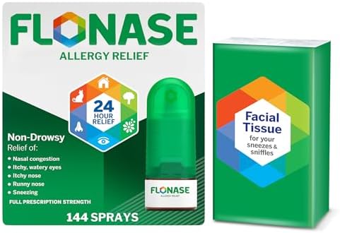 Flonase Nasal Spray for Allergy Relief, Tissues Included, 144 Sprays | Fluticasone Propionate Nasal Spray, Multi-Symptom Relief