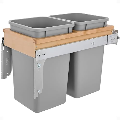 Rev-A-Shelf Double Pullout Trash Can, Min Cabinet Opening 18" W, 50 Qt | w/ Soft-Close, Under Cabinet Waste/Recycling Bin w/ Lid, Silver, 4WCSC-2150DM-2