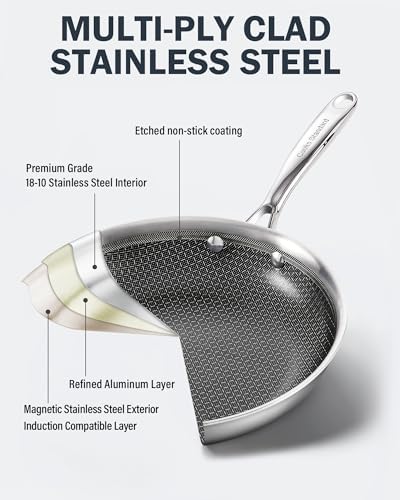 Cooks Standard Multi-Ply Clad 12 Inch Stainless Steel Wok Pan, Stir Fry Pan with Glass Lid, Induction Cookware, Dishwasher & Oven Safe, Compatible with All Cooktops
