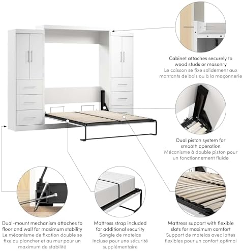 Bestar Nebula Queen Murphy Bed with 2 Wardrobes (115W) in White, Sleeping Arrangement and Closet Organizers for Multipurpose Room | 2 Wardrobes; supports up to 1000 lb; min. ceiling height 91.1 in.; dual piston mechanism; 10-year warranty