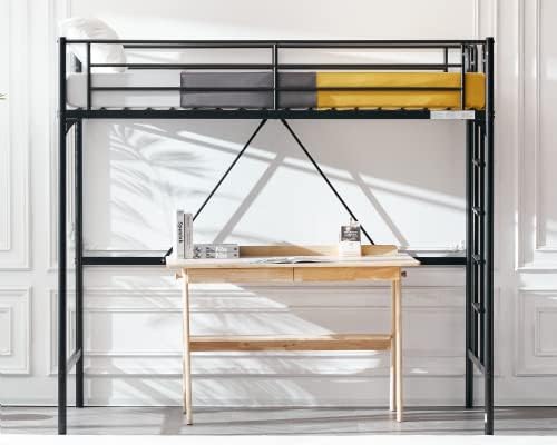 Bonnlo Metal Loft Bed with Stairs and Flat Rung, Junior Loft Bed Twin Size High Loft Bed for Kids/Teens/Adults, No Box Spring Required, Black