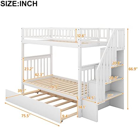 Bellemave Full Over Full Bunk Beds with Stairs Stairway Bunk Bed Frame with Storage Shelves for Teens Adult, Detachable Wood Full Bunk Bed, Gray