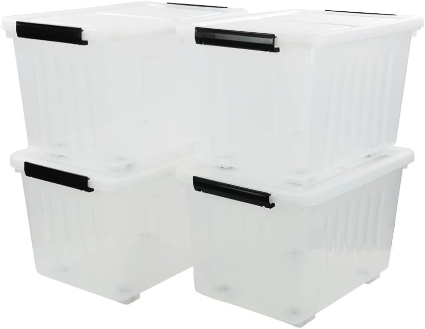Clear Plastic Storage Bins with Wheels, 4-Pack Latch Boxes, 30 L