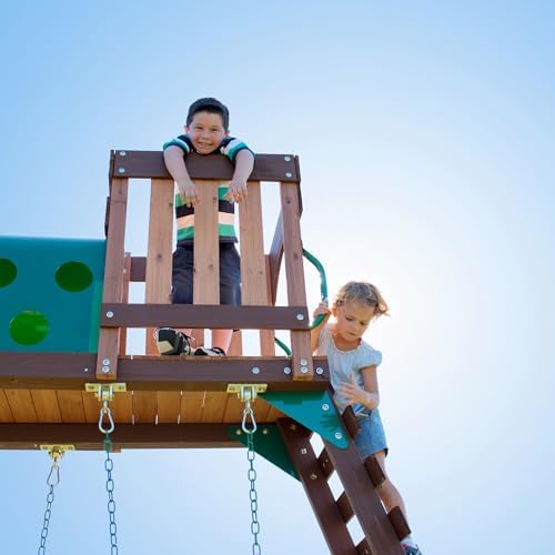 Backyard Discovery Woodridge Elite Cedar Wood Swing Set with Wave Slide, Clubhouse, Crawl Tunnel, Crow's Nest, Belt Swings, Trapeze, Rock Wall Ladder