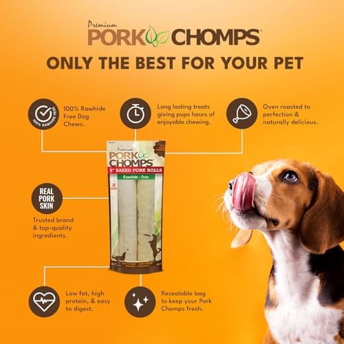Pork Chomps Rawhide Free Pork Skin Dog Chews, Chicken Wrap, 8in Rolls, 2ct
