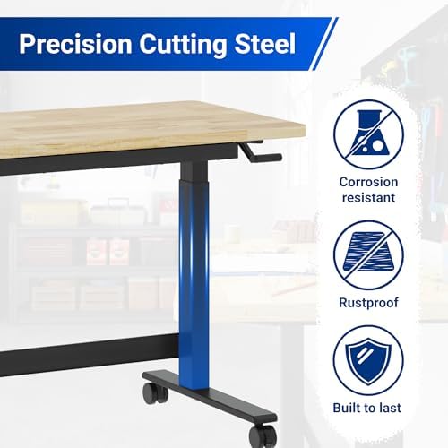 FLEXIMOUNTS 47.2" x 23.6" Adjustable Height Workbench, Hand Crank | Rubberwood Top, Heavy-Duty Steel Frame, Drawers And 360° Wheels