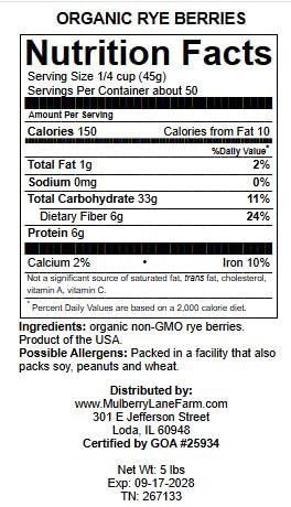 Rye Berries, 5 Pounds USDA Certified Organic, Non-GMO Bulk, Product of USA, Mulberry Lane Farms