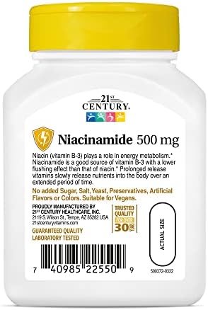 21st Century Niacinamide 500mg Prolonged Release, No Flush, 110 Count | Vitamin B-3 Niacinamide 500 mg, Energy Metabolism & Skin Health Support, No-Flush Formula, Prolonged Release, Non-GMO Tablets