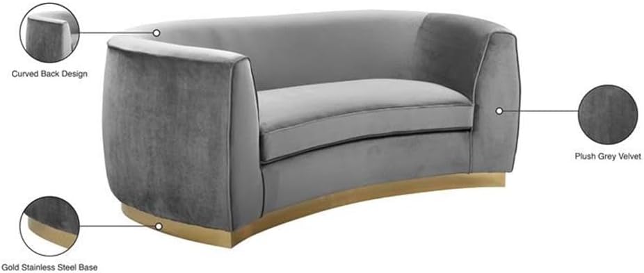 Meridian Furniture Julian Collection Modern | Contemporary Velvet Upholstered Loveseat with Stainless Steel Base in Rich Gold Finish, Black, 70" W x 34" D x 28" H