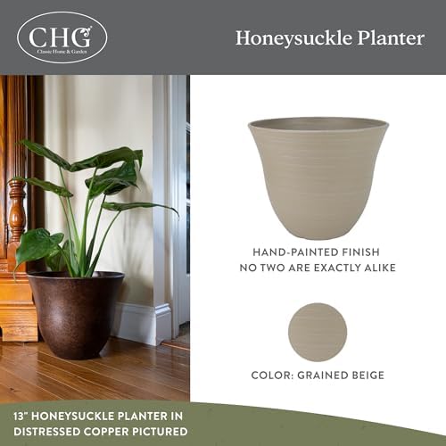 Honeysuckle Resin Planter, Durable Garden Pot, 13" Grained Beige | Hand-Painted Finish Plant Pots, Lightweight Indoor Outdoor Planter, UV-Resistant