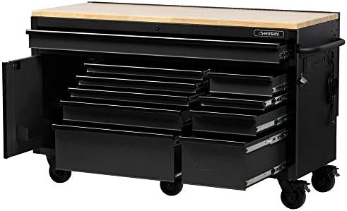 Husky 61 in. W 23 in. D 10-Drawer 1-Door Mobile Workbench with Solid Wood Top and Flip-Up Pegboard in Textured Black