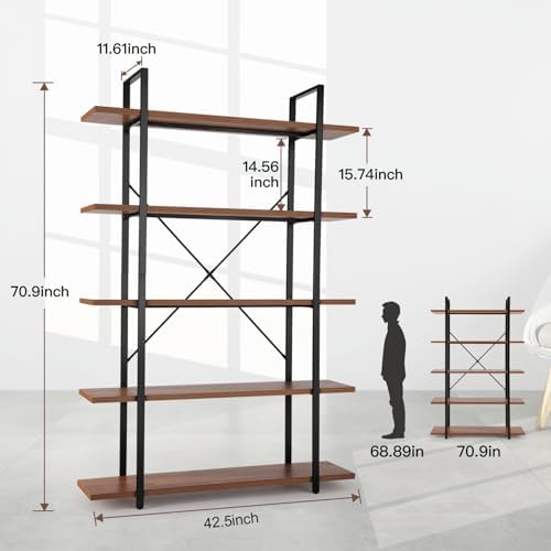 BATHWA Wood and Metal Minimalist 5 Tier Bookshelf, 6 feet Tall Open Rustic Wide Bookcase Industrial Style