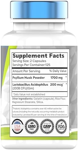 tnvitamins Psyllium Husk Capsules | 1700 MG - 250 Capsules | with Probiotic Acidophilus | Extra Strength Soluble & Dietary Fiber Supplement | Supports Digestive Health