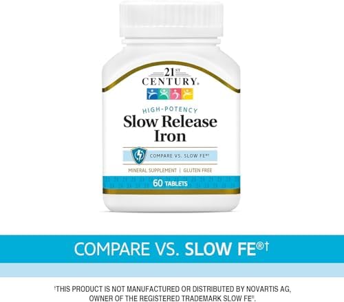 21st Century Slow Release Iron 45mg Tablets, Gentle on Stomach, 60 Count | High-Potency Ferrous Sulfate, Compare VS. Slow FE® & Healthy Red Blood Cells, Gluten Free, No Added Yeast, For Women & Men