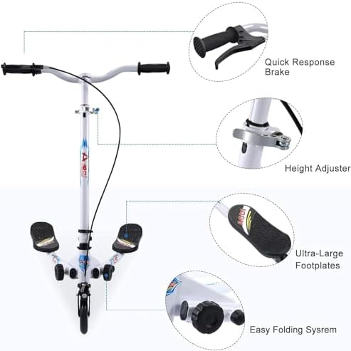 Swing Scooter for Kids, 3 Wheels Foldable Wiggle Kick Scooter Push Drifting with 4 Adjustable Handlebar & 2 Rear LED Wheel for Boys and Girls Ages 3-8