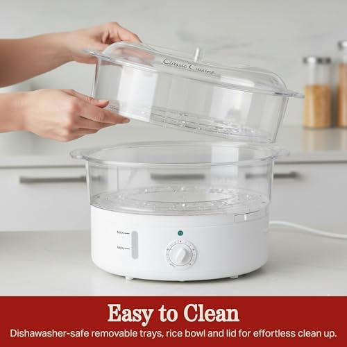 Classic Cuisine 2-Tier Vegetable Steamer and Rice Cooker, 120V 60Hz 800W | 6.3 Quart Electric Steamer for Cooking Healthy Fish, Eggs, Vegetables, Rice