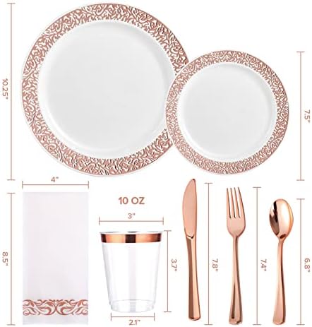 FOCUSLINE 175 Pieces Rose Gold Disposable Dinnerware Set for 25 Guests