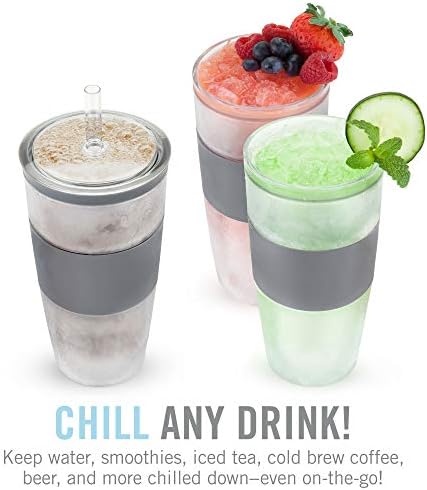 HOST Double Wall Insulated Freezable Drink Chilling Tumbler with Freezing Gel Glasses for Red and White Wine, Straw and Lid, Plastic, 16 oz, Grey