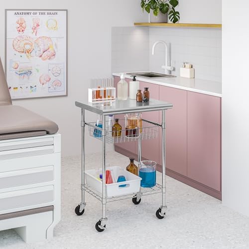 Stainless-Steel Commercial-Grade NSF-Certified Prep Table Cart, 24"W x 20"D | Heavy-duty durable utility workstation supports up to 450 lb w/ adjustable wire shelf and sliding basket on locking wheels