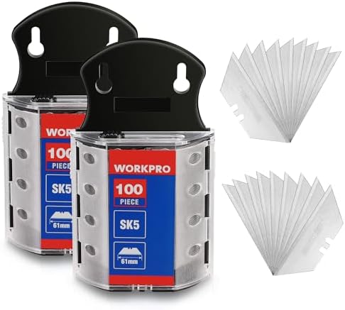 WORKPRO Utility Knife Blades, 100-Pack SK5 Steel Blades with Dispenser | Premium Steel Standard Blades for Box Cutter, Ideal for Cardboard, Leather, Carpet, Rope, Soft Metal, Pipe, etc
