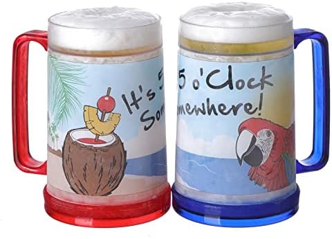 It's 5 O'Clock Somewhere Party Parrot Double Wall Gel Frosty Freezer Ice Mugs Clear 16oz Set of 2