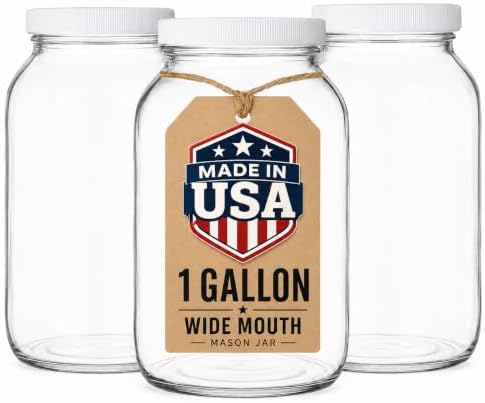 1 Gallon Glass Mason Jars – Extra Large Wide Mouth Jars with Airtight Lids – Perfect for Sourdough Starter, Fermenting, Pickling, and Storage – Made in the USA – Pack of 2